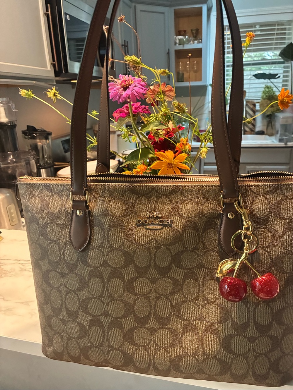 Coach Brown Signature Canvas Tote with Red Cherry Charm